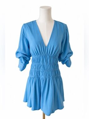 Jonathan Simkhai Diem Gauze Short-Sleeve Blue Smocked Mini Bubble Dress sz 6